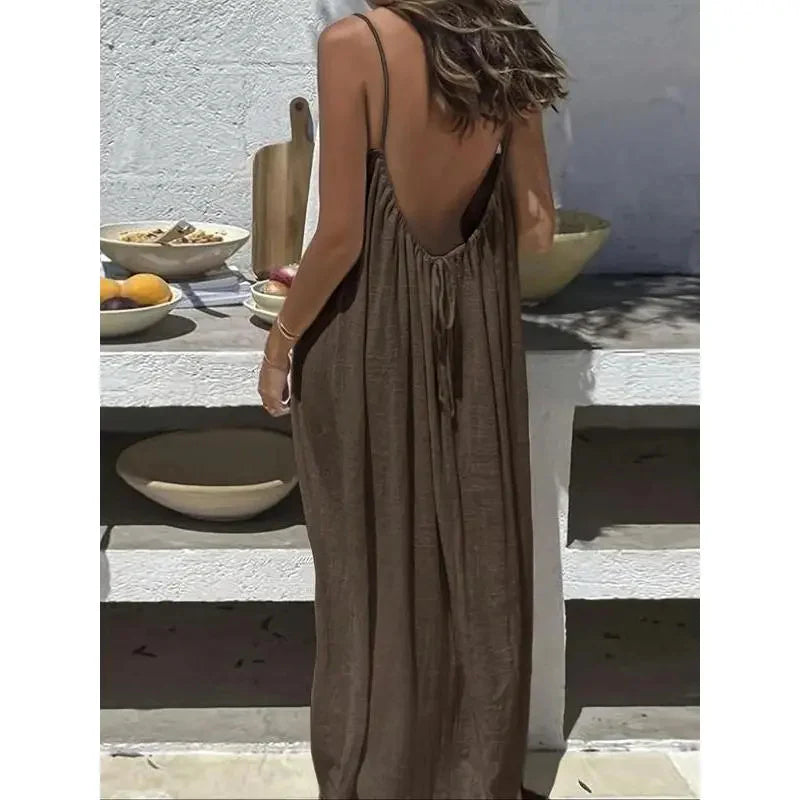 ☀️Women's Solid Color Cami Lounge Dress, Elegant Sleeveless Long Dress for Summer, Ladies Sleepwear for Indoor Wear
