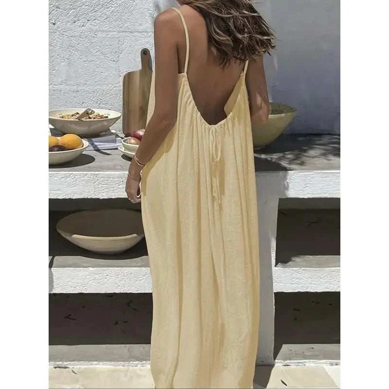 ☀️Women's Solid Color Cami Lounge Dress, Elegant Sleeveless Long Dress for Summer, Ladies Sleepwear for Indoor Wear